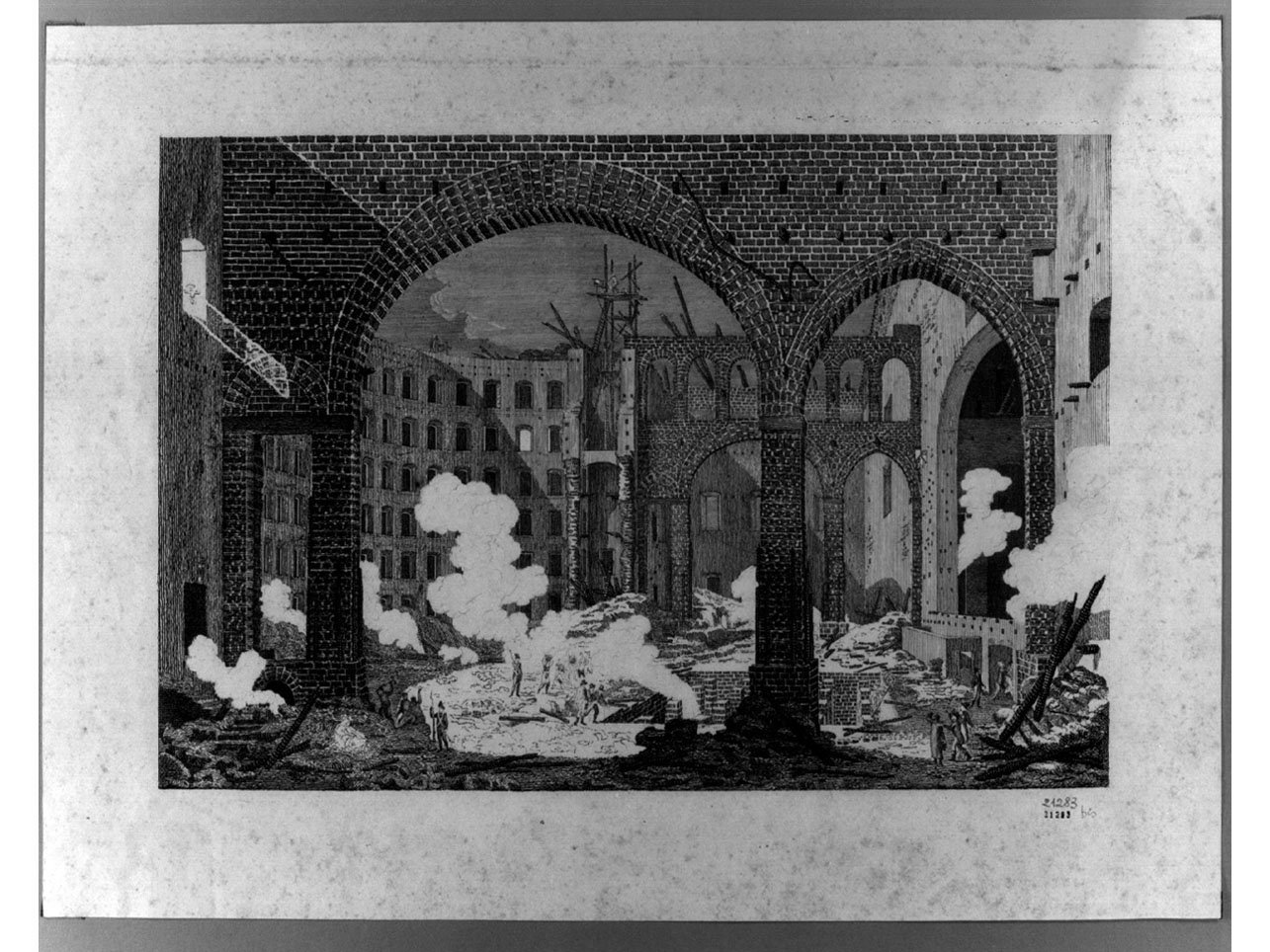 l'interno del Teatro di San Carlo dopo l'incendio (stampa) di Niccolini Antonio (sec. XIX)