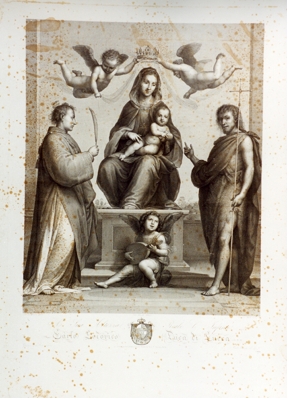 Madonna con Bambino in trono tra santi (stampa) di Steinla Moritz (sec. XIX)