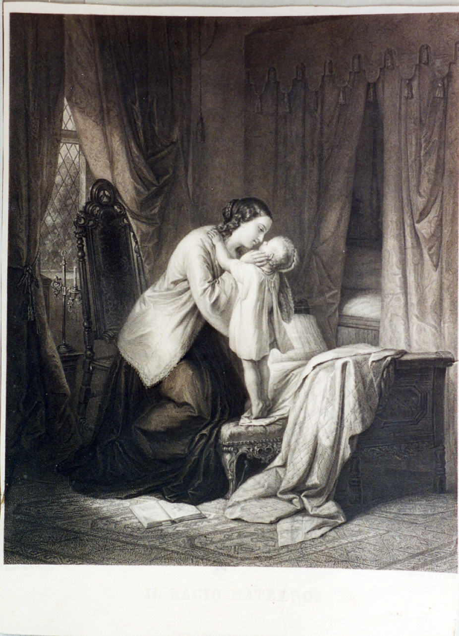 donna con bambino in un interno (stampa) di Fluggen Gisbert, Raab Johann Leonhard (sec. XIX)