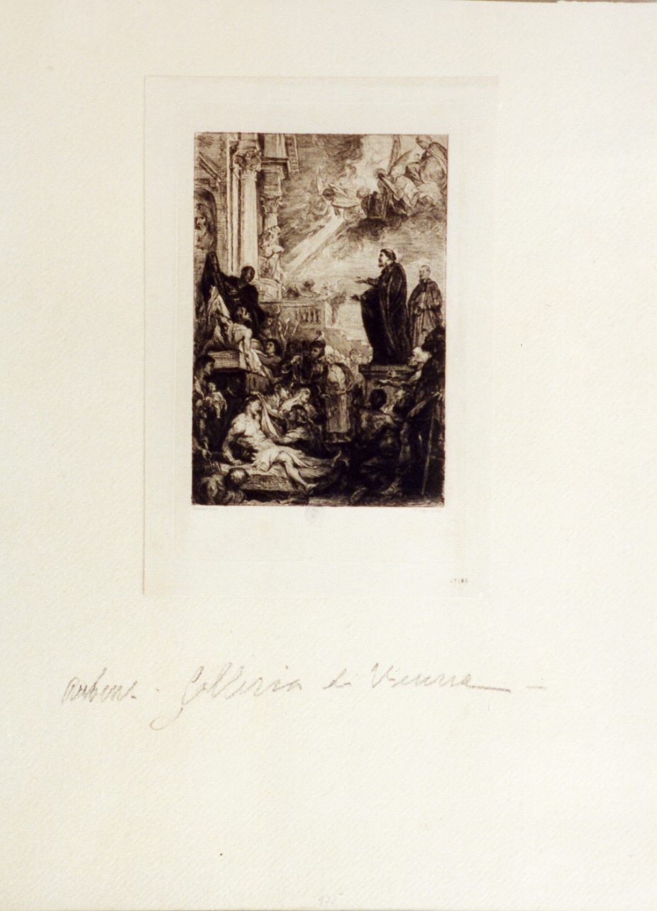 San Carlo Borromeo intercede presso la Madonna contro la peste (stampa tagliata) di Unger William (secc. XIX/ XX)