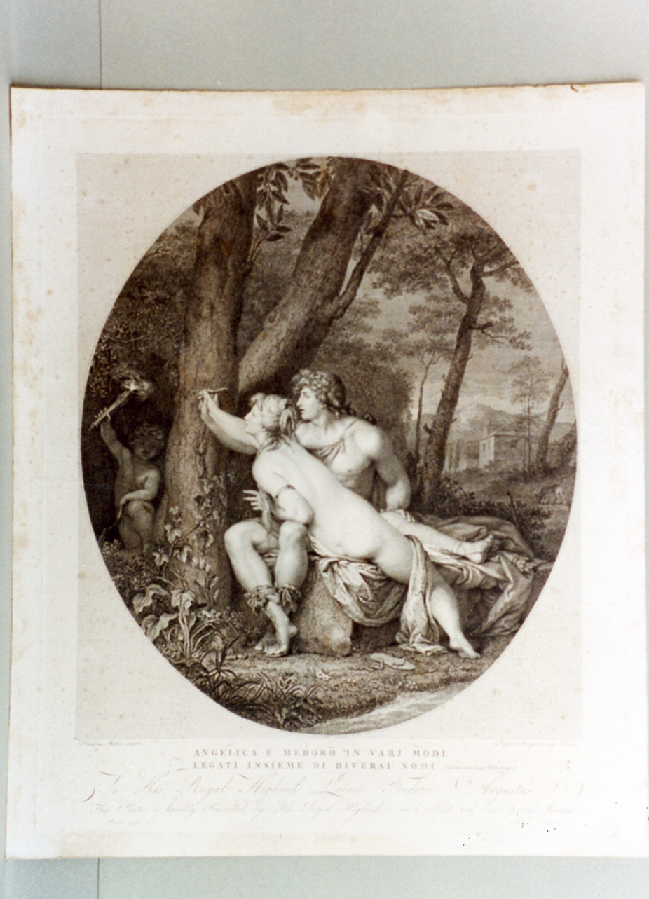 Angelica e Medoro incidono i loro nomi sulla corteccia dell'albero (stampa) di Matteini Teodoro, Morghen Raffaello (sec. XVIII)