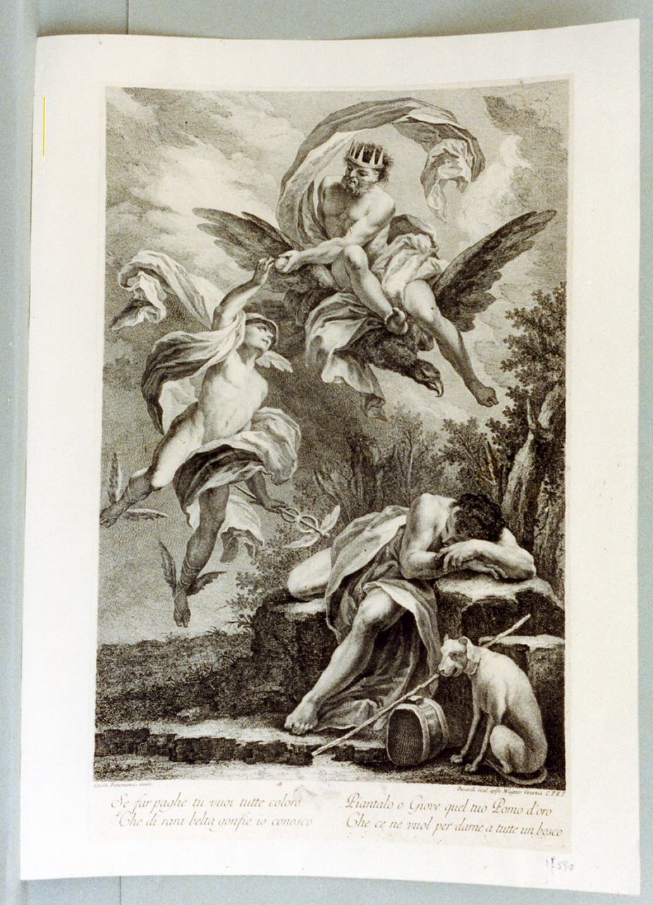 Giove consegna a Mercurio il pomo d'oro per Paride (stampa) di Berardi Fabio (sec. XVIII)