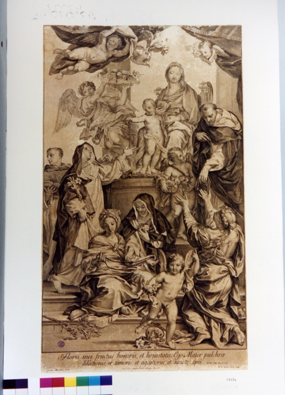 Madonna del Rosario con San Domenico e Santa Caterina, santi e misteri delrosario (stampa tagliata) di Maratta Carlo, Van Audenaerde Robert (secc. XVII/ XVIII)