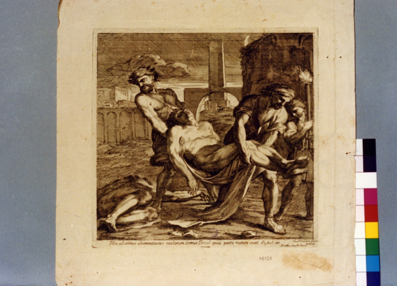 monatti trasportano un cadavere (stampa) - ambito italiano (sec. XVII)