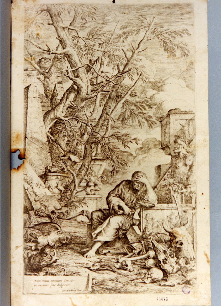 Democrito in meditazione (stampa tagliata) di Rosa Salvator (sec. XVII)