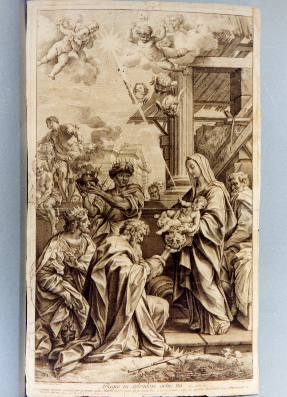 adorazione dei Re Magi (stampa tagliata) di Maratta Carlo, Dorigny Nicolas (secc. XVII/ XVIII)