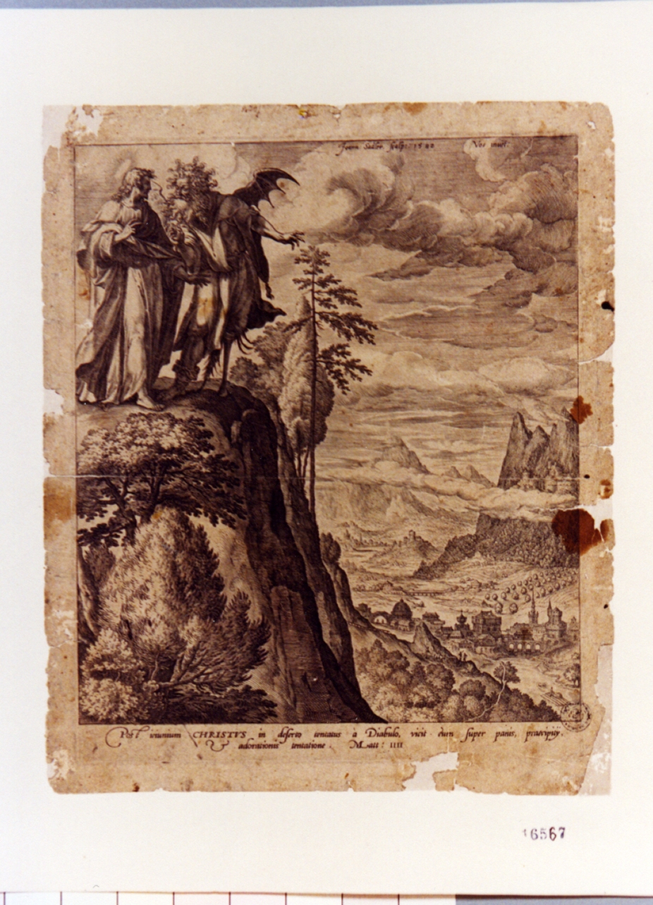 Cristo tentato sul monte (stampa tagliata) di Sadeler Jan il Vecchio (sec. XVI)