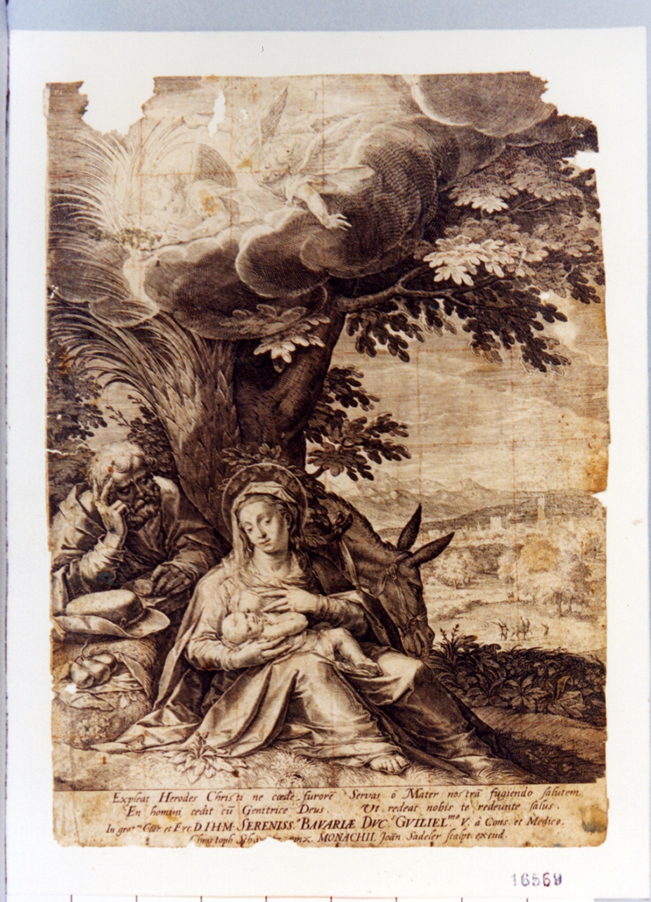 riposo nella fuga in Egitto (stampa) di Sadeler Jan il Vecchio, Schwarz Christoph (secc. XVI/ XVII)