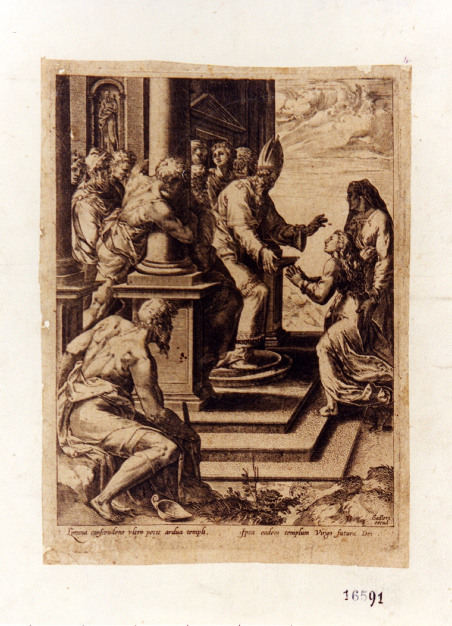 presentazione di Maria Vergine al tempio (stampa tagliata) di Sadeler Jan il Vecchio (bottega) (secc. XVI/ XVII)