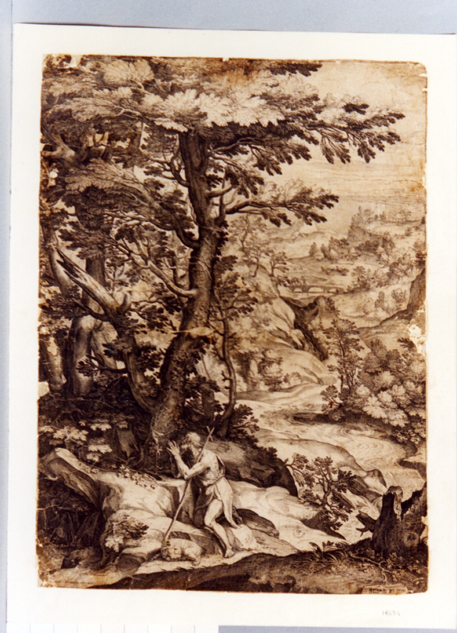 San Giovanni Battista in meditazione nel deserto (stampa) di Muziano Girolamo detto Girolamo da Brescia, Cort Cornelis (sec. XVI)