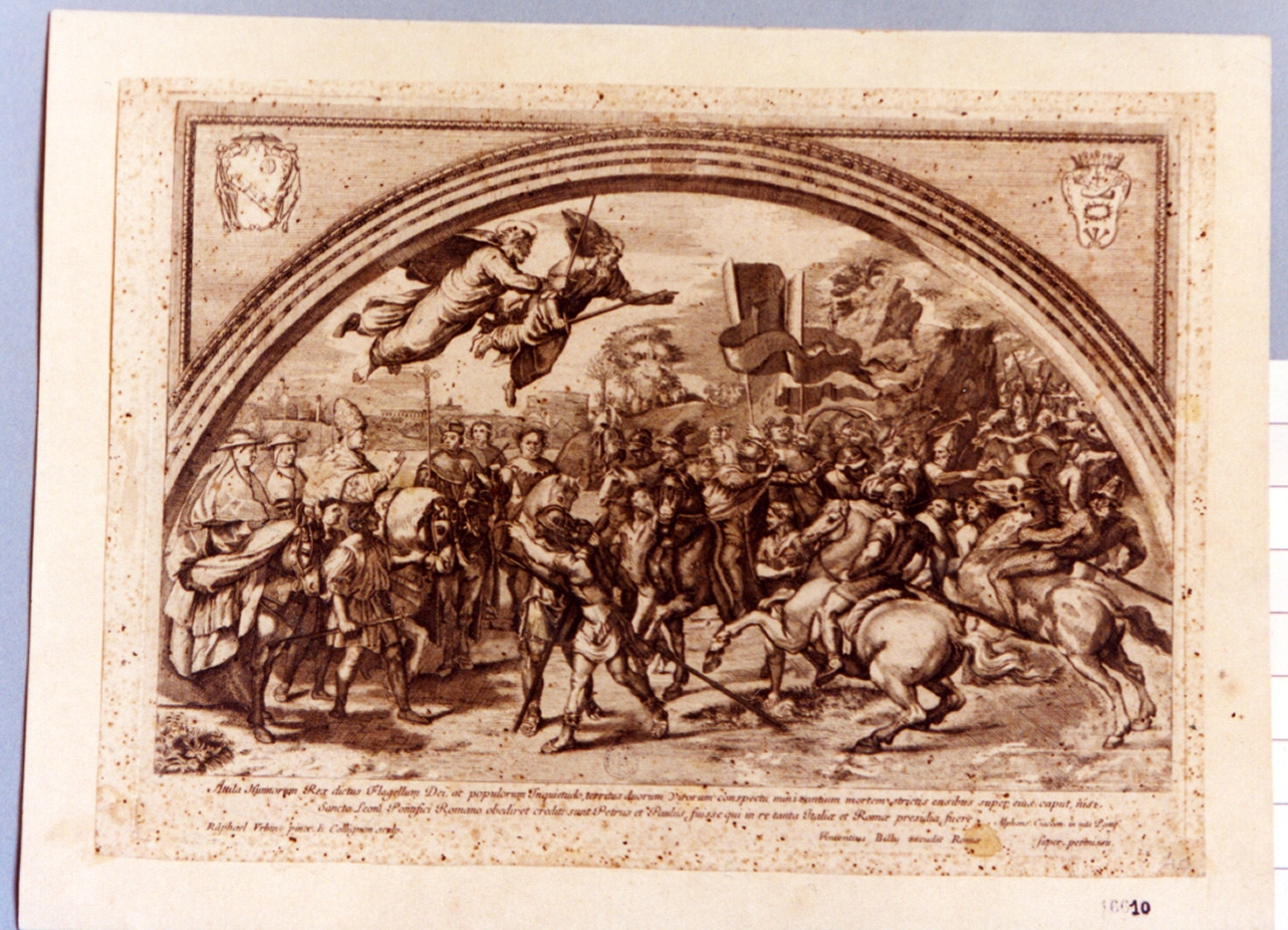 papa Leone Magno, assistito da San Pietro e San Paolo, mette in fugaAttila (stampa tagliata) di Collignon François (sec. XVII)