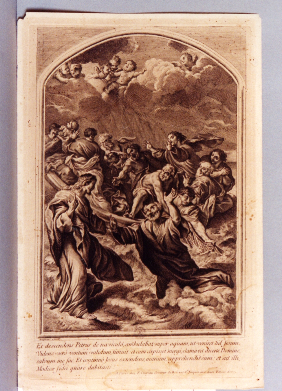 San Pietro salvato dalle acque (stampa tagliata) di Chereau Francois I (sec. XVIII)