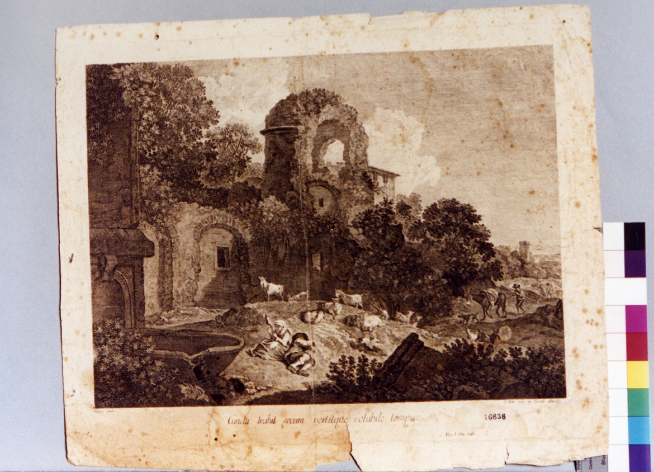 paesaggio con rovine e pastori (stampa tagliata) di Dietrich Christian Wilhelm Ernest (secc. XVIII/ XIX)