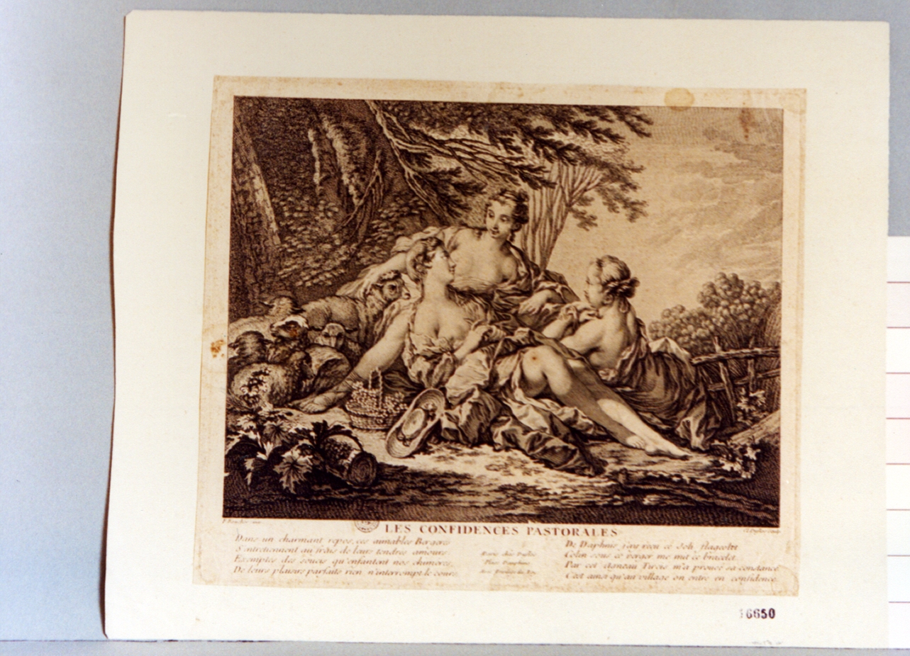 scena bucolica (stampa tagliata) di Duflos Claude, Boucher Francois (sec. XVIII)