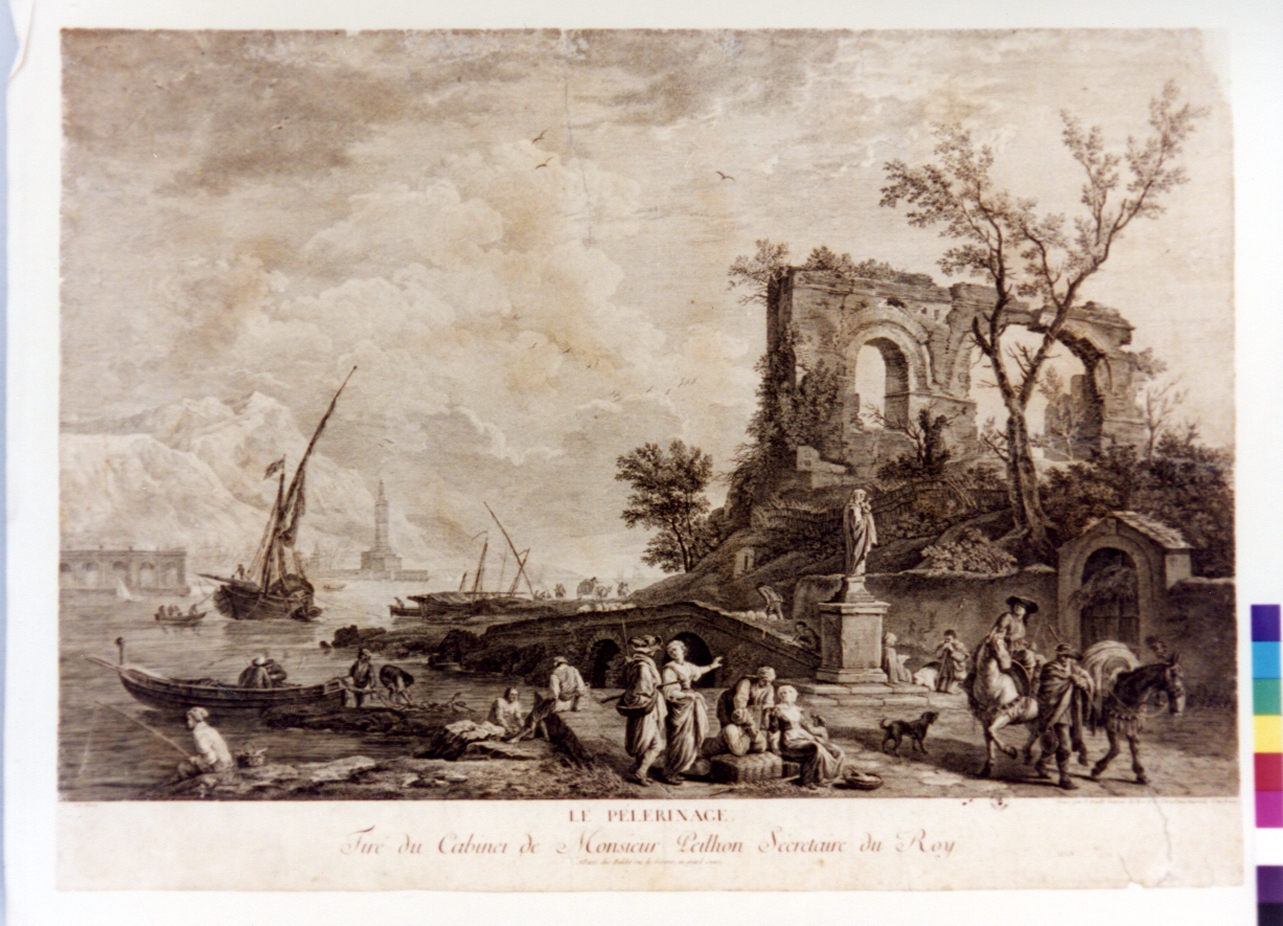 porto fluviale con figure (stampa) di Vernet Claude Joseph, Daullé Jean (sec. XVIII)
