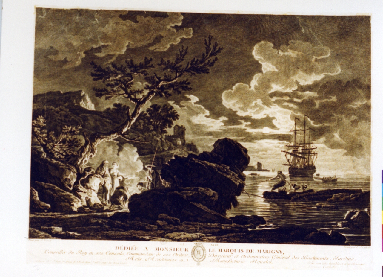 paesaggio marino notturno (stampa) di Cathelin Louis Jacques, Vernet Claude Joseph (secc. XVIII/ XIX)