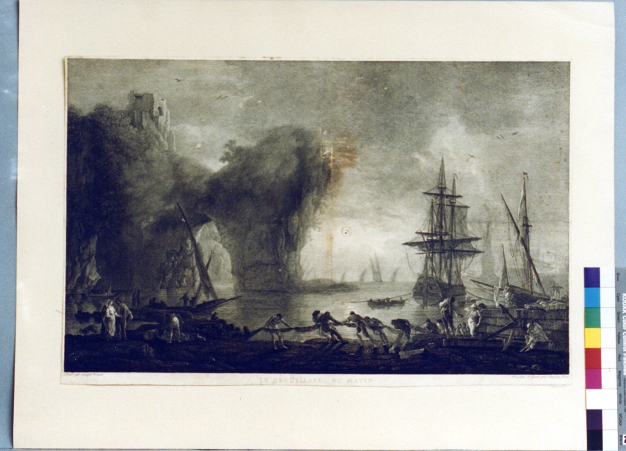 marina con pescatori e barche (stampa) di Morel François, Vernet Claude Joseph (sec. XIX)