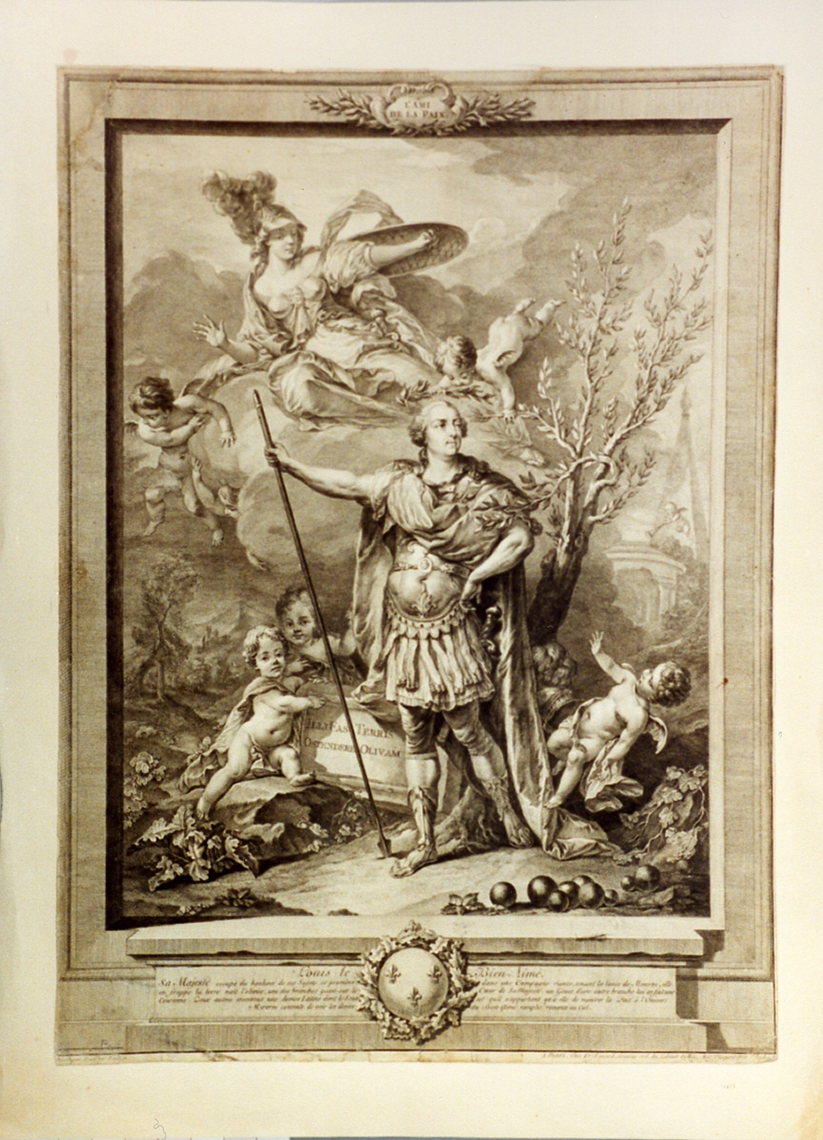 allegoria delle virtù di Luigi XV (stampa) di Dandré Bardon Michel François, Fessard Etienne (sec. XVIII)