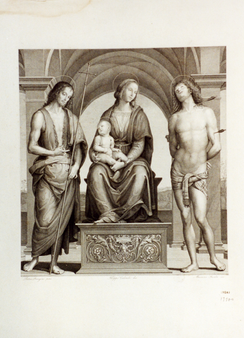 Madonna con Bambino in trono con Santi (stampa) di Steinla Moritz (sec. XIX)