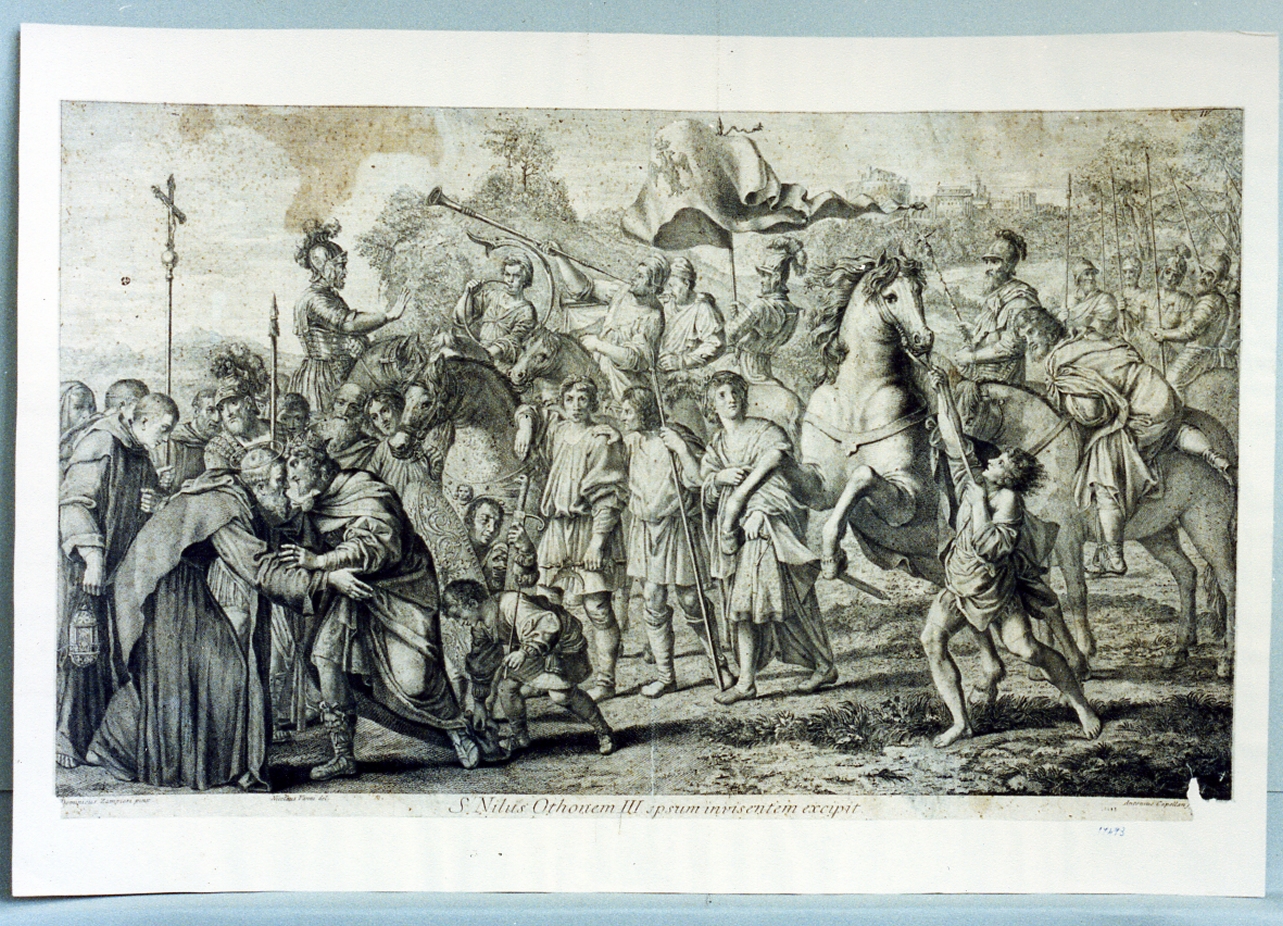 incontro di San Nilo con Ottone III (stampa) di Capellan Antonio (sec. XVIII)