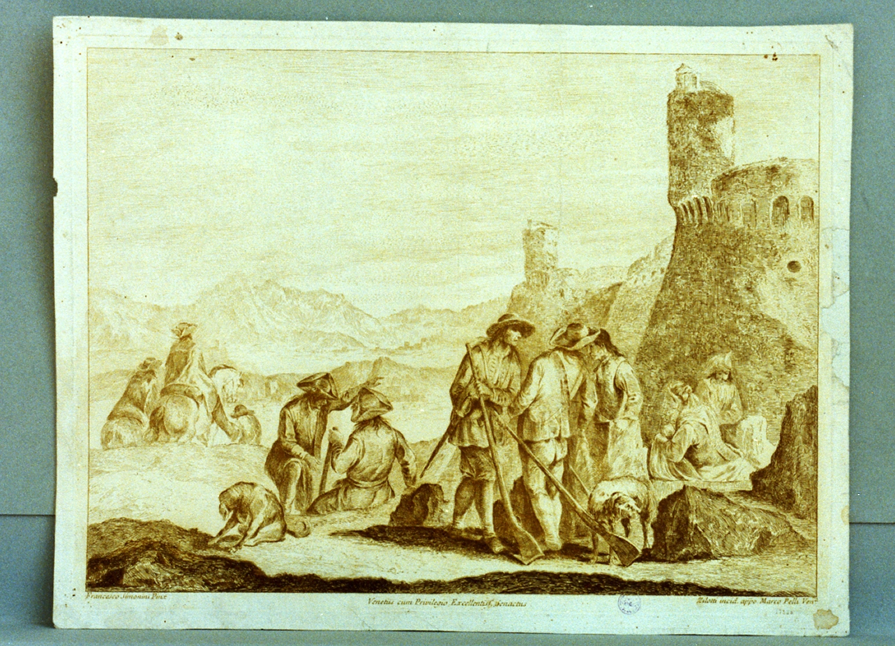 paesaggio (stampa a colori tagliata) di Pelli Marco, Simonini Francesco (sec. XVIII)