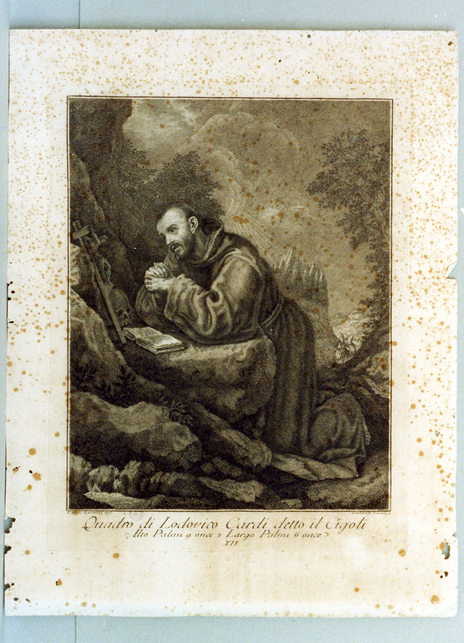 San Francesco d'Assisi in preghiera (stampa) di Lorenzi Lorenzo (sec. XVIII)