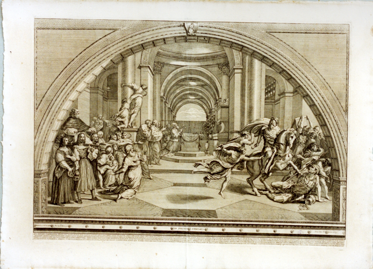 cacciata di Eliodoro dal tempio (stampa) di Aquila Francesco Faraone (sec. XVIII)