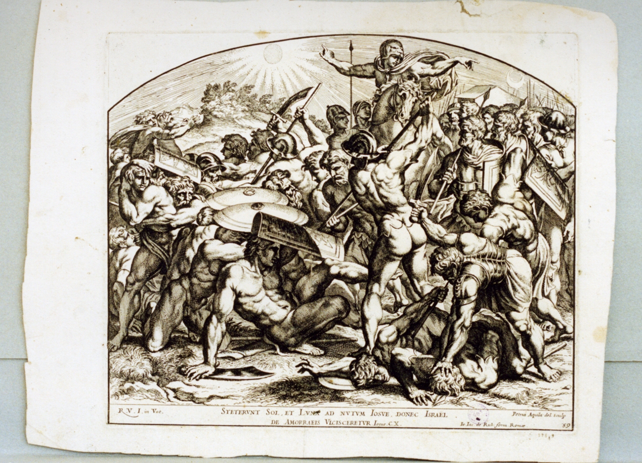 Giosuè ferma il sole (stampa tagliata) di Dell'Aquila Pietro (sec. XVII)