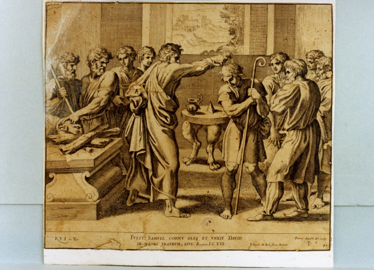Davide riceve i pani sacri dal sacerdote Achimelek (stampa) di Dell'Aquila Pietro (sec. XVII)