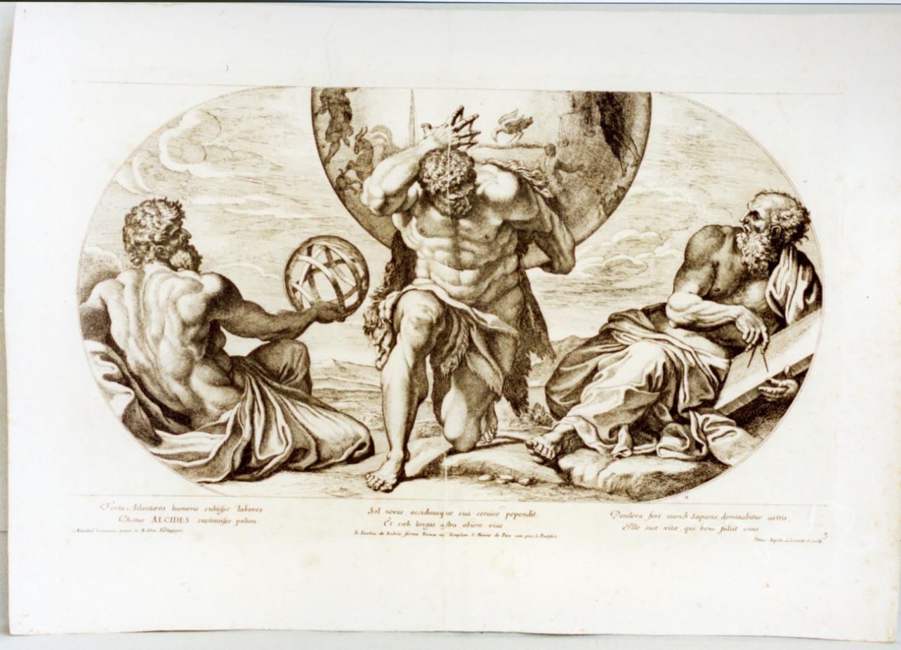 Ercole sostiene il globo terrestre (stampa tagliata) di Dell'Aquila Pietro (sec. XVII)