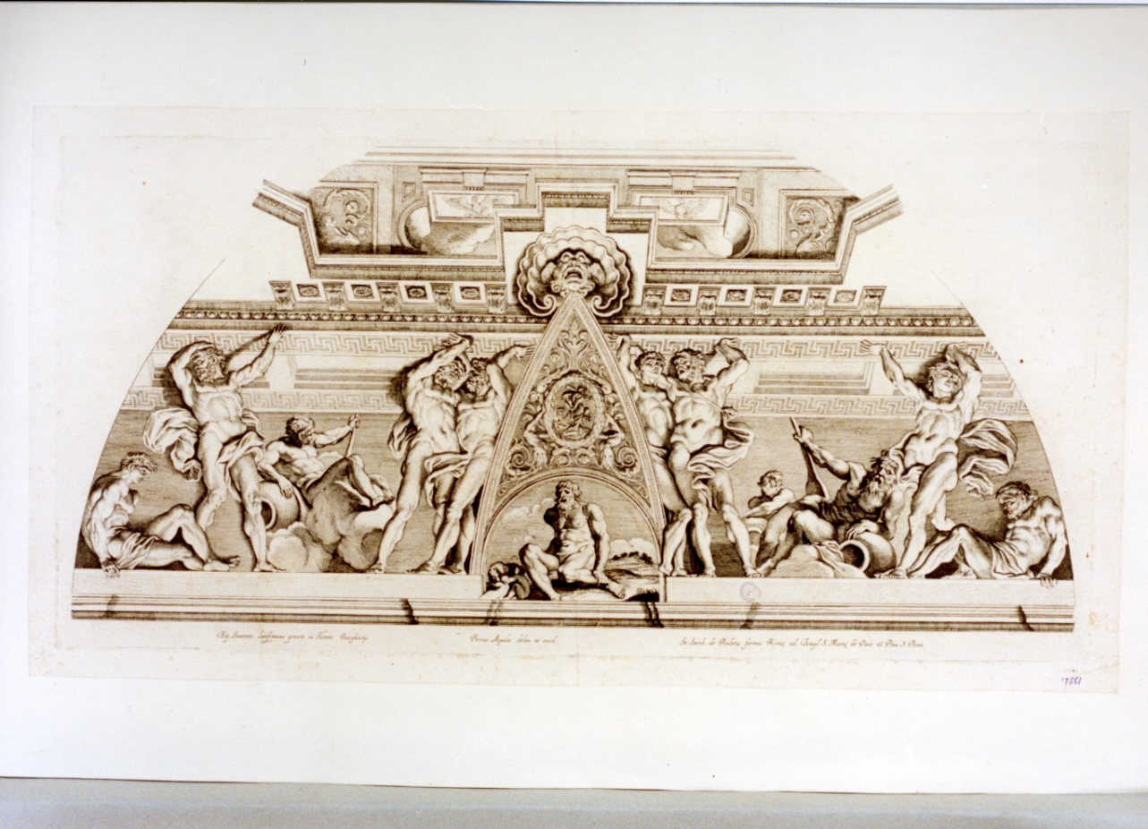 decorazione di soffitto con figure mitologiche (stampa tagliata) di Dell'Aquila Pietro (sec. XVII)