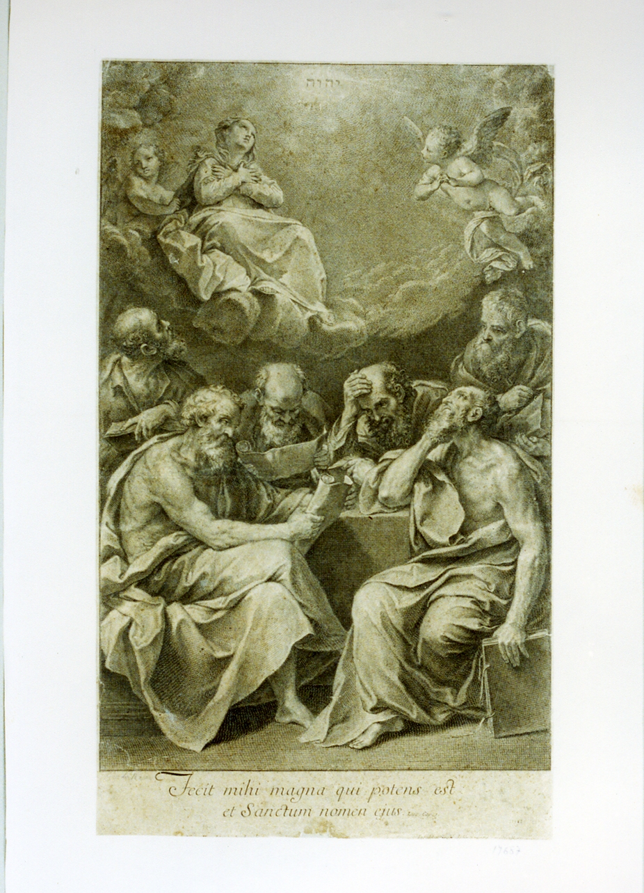 disputa dei Padri della Chiesa sull'Immacolata concezione (stampa) di Frey Jakob (sec. XVIII)