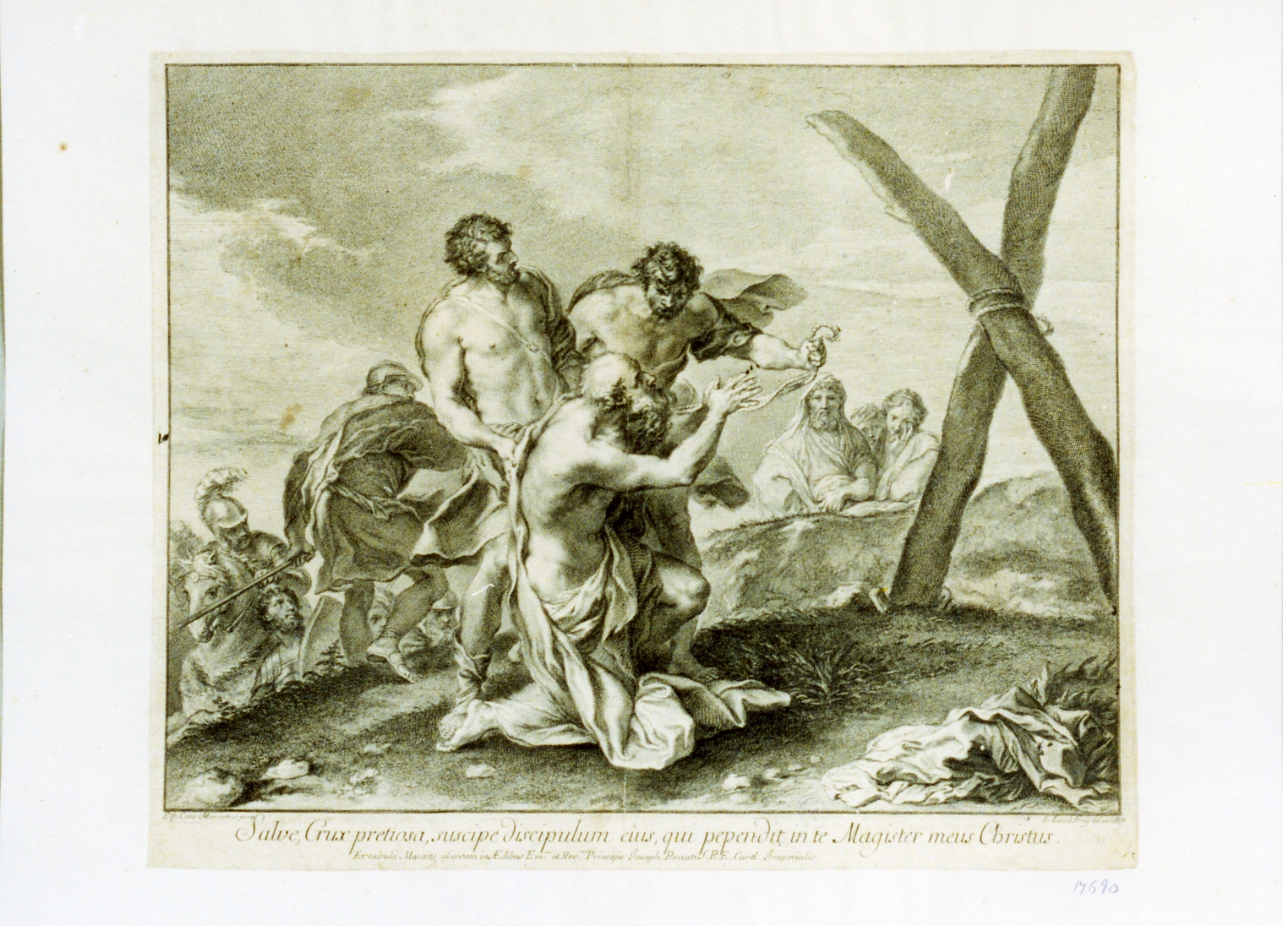Sant'Andrea condotto al martirio (stampa) di Frey Jakob (sec. XVIII)