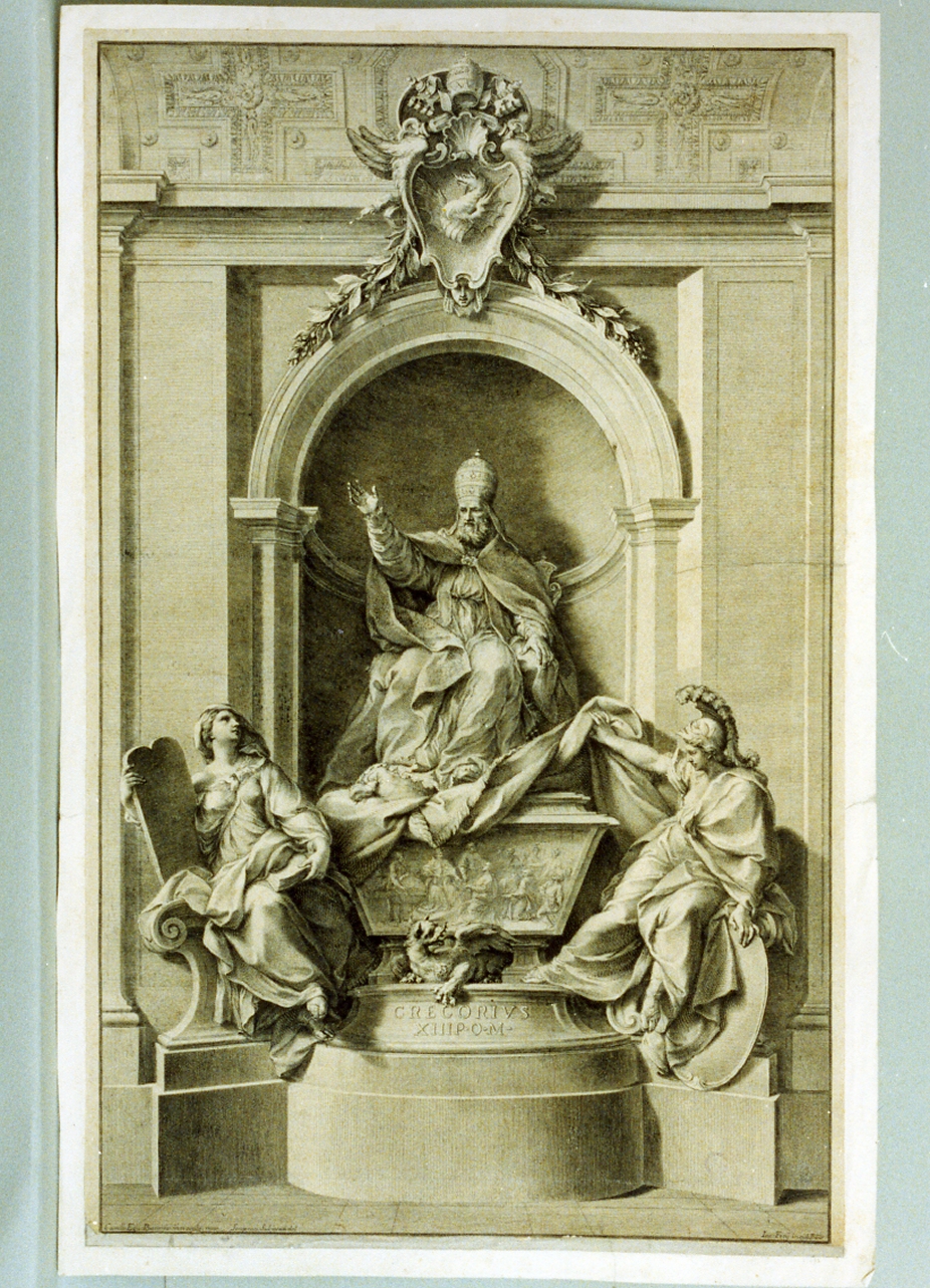 monumento funerario per Gregorio XIII (stampa) di Frey Jakob, Rusconi Camillo (sec. XVIII)