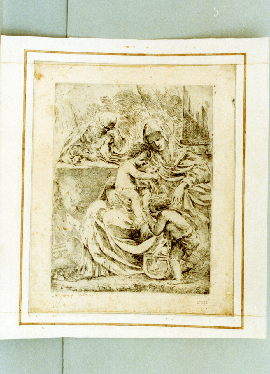 Sacra Famiglia con San Giovanni Battista bambino (stampa tagliata) di Della Bella Stefano (sec. XVII)