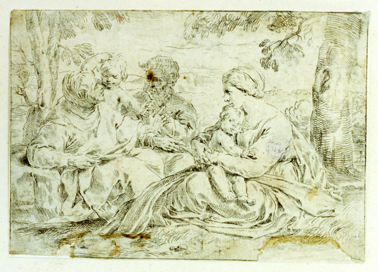 Sacra Famiglia con San Giovannino e Sant'Elisabetta (stampa) di Cantarini Simone detto Pesarese (sec. XVII)