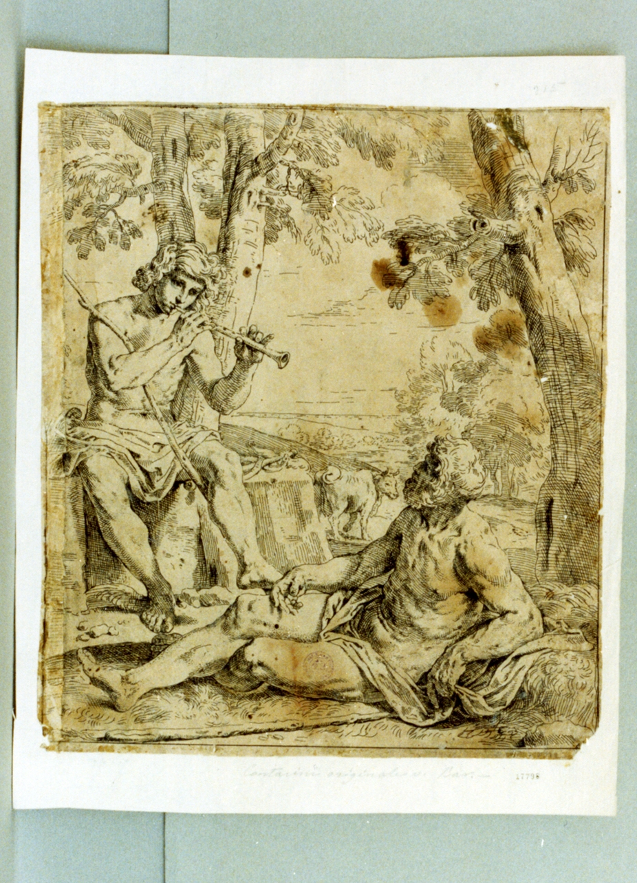 Mercurio addormenta Argo con il flauto (stampa) di Cantarini Simone detto Pesarese (sec. XVII)
