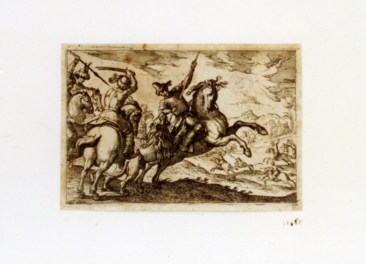 caccia al leone (stampa tagliata) di Tempesta Antonio (secc. XVI/ XVII)