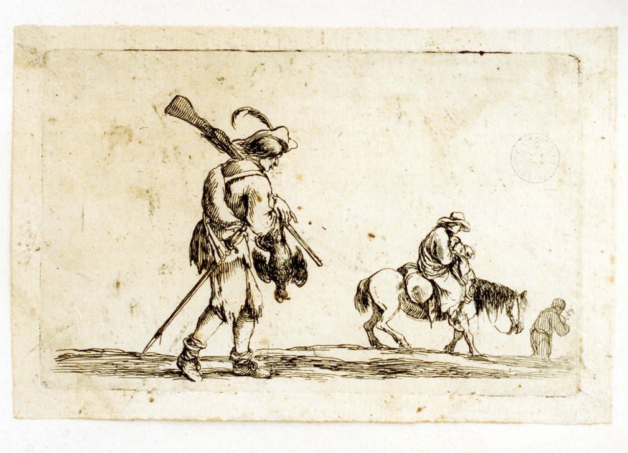soldato e donna a cavallo (stampa tagliata) di Della Bella Stefano (sec. XVII)