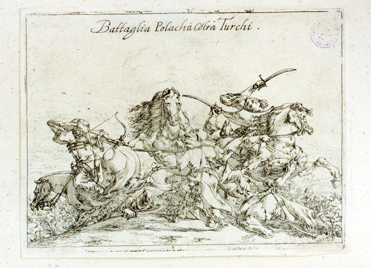 scena di battaglia (stampa tagliata) di Baur Johann Wilhelm (sec. XVII)