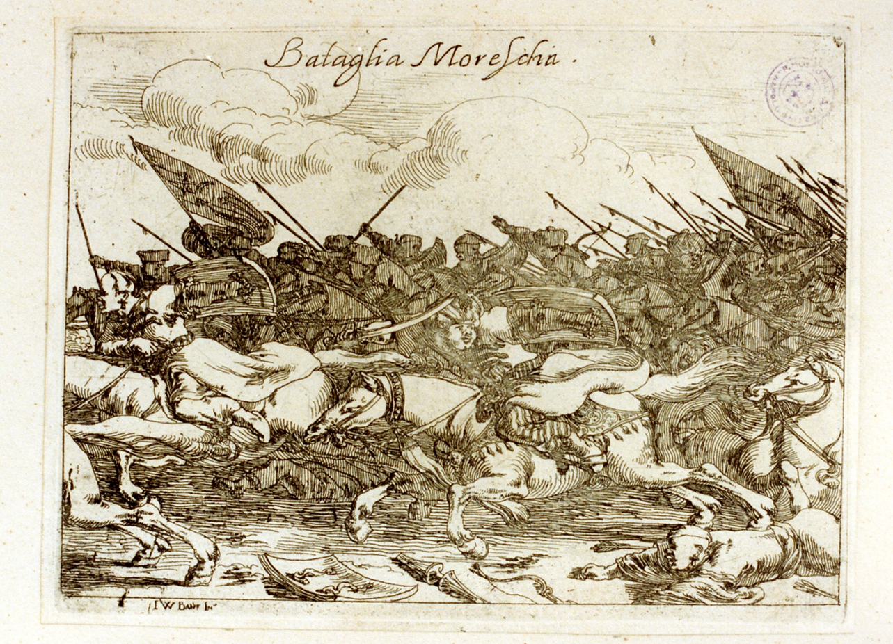 scena di battaglia (stampa tagliata) di Baur Johann Wilhelm (sec. XVII)