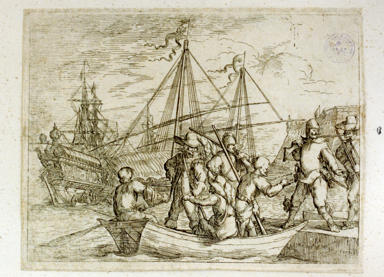 soldati su barche (stampa tagliata) di Baur Johann Wilhelm (sec. XVII)