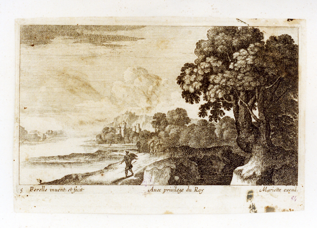 paesaggio con figure (stampa tagliata) - ambito francese (sec. XVII)