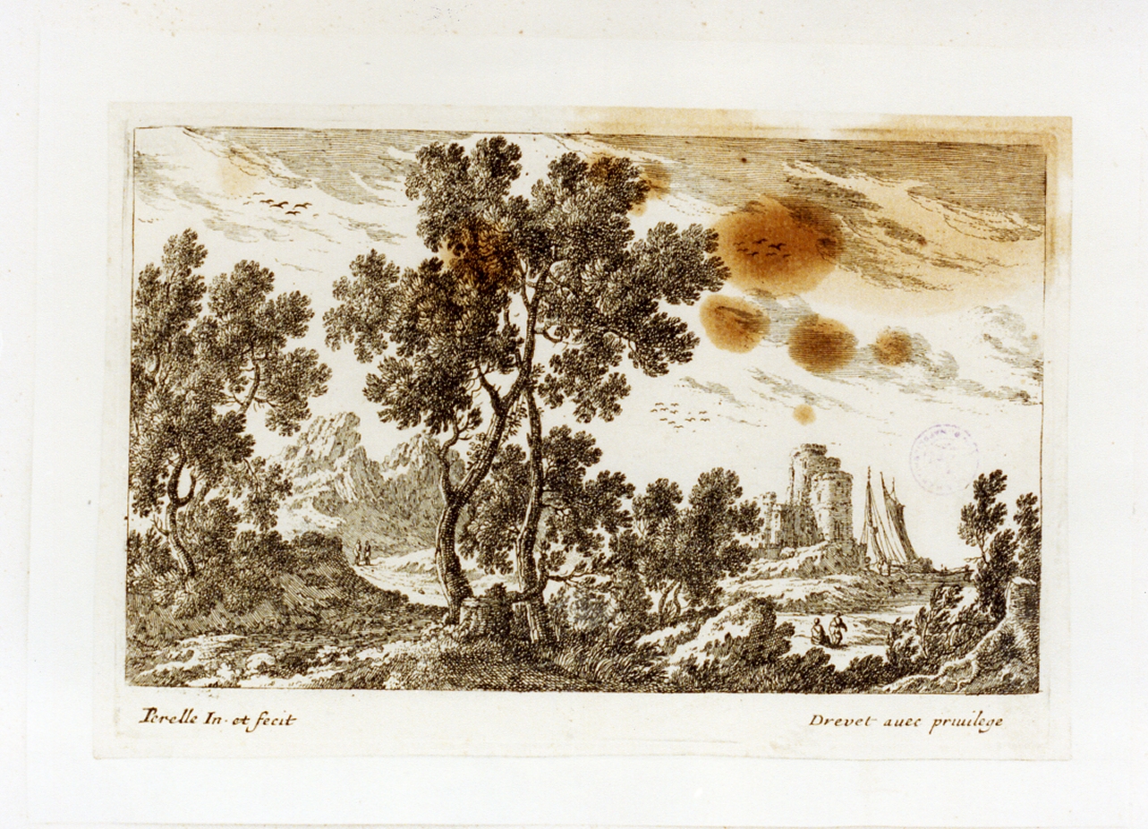 paesaggio (stampa tagliata) - ambito francese (sec. XVII)