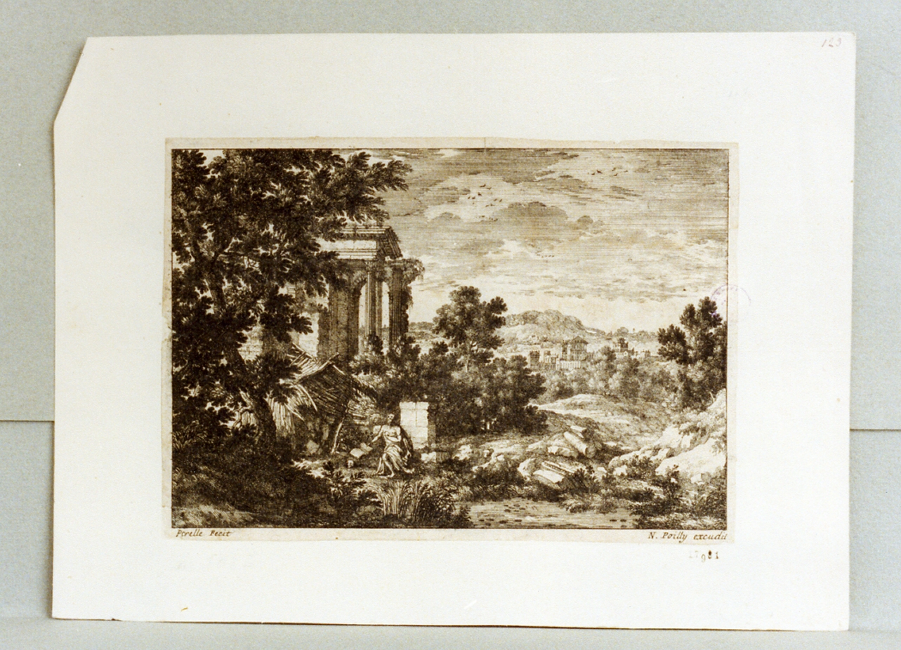 paesaggio con rovine (stampa) - ambito francese (sec. XVII)