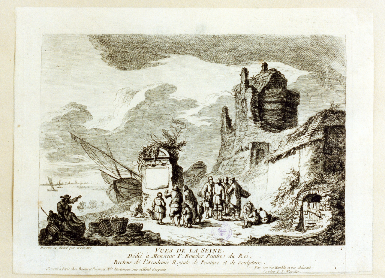 marina con pescatori e barche (stampa) di Weirotter Franz Edmund (sec. XVIII)