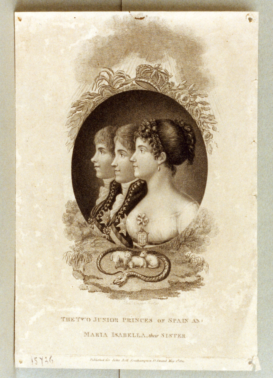ritratto dei principi di Spagna e della infanta Maria Isabella (stampa) - ambito inglese (sec. XIX)