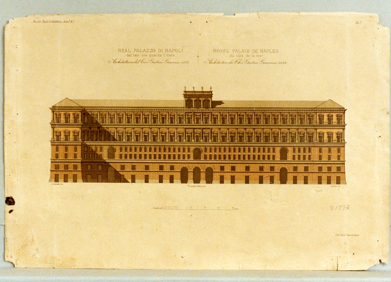 veduta di Palazzo Reale a Napoli (stampa a colori) di Dura Gaetano (secondo quarto sec. XIX)
