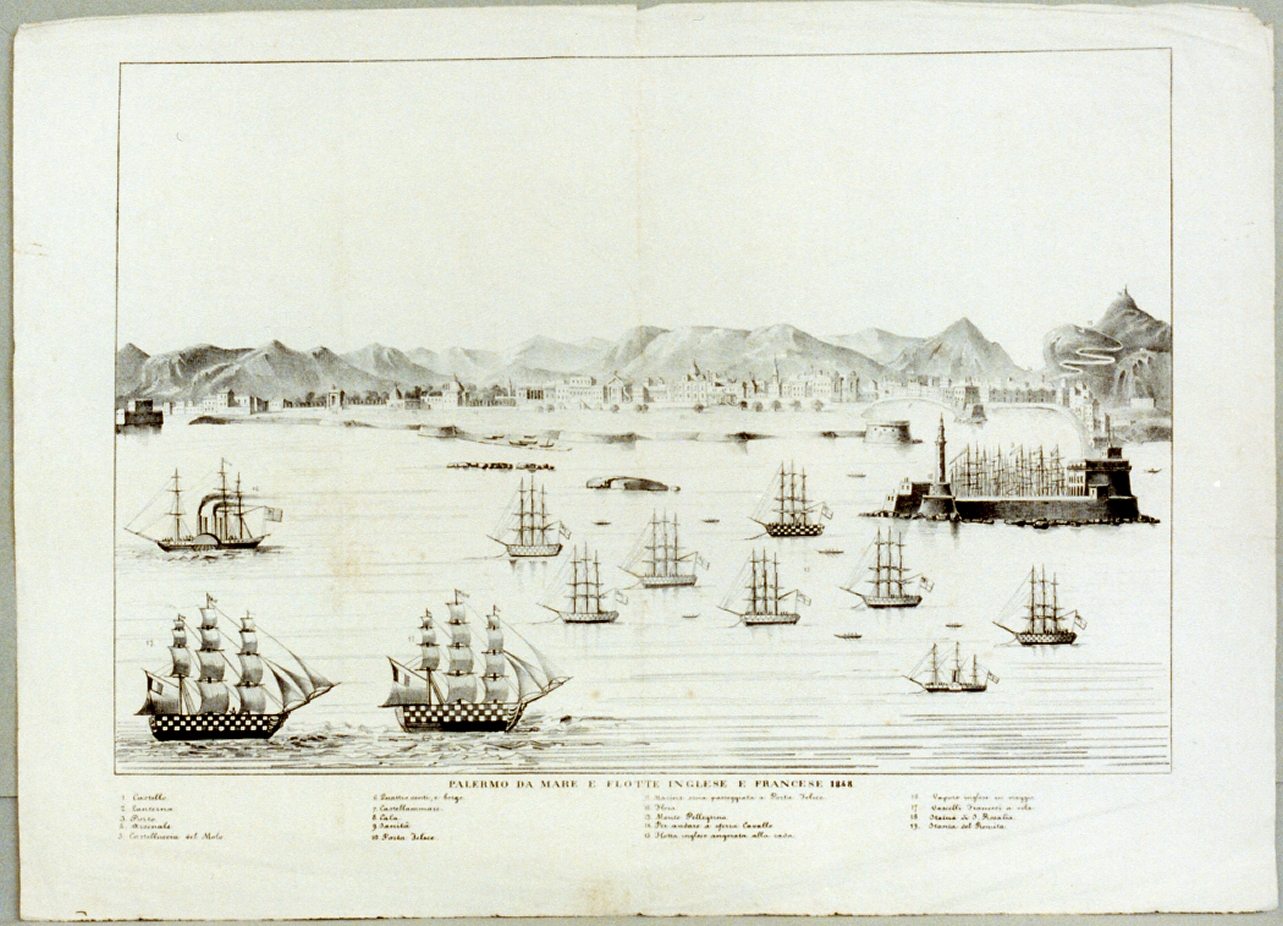 veduta del porto di Palermo con le flotte inglesi (stampa) - ambito napoletano (sec. XIX)