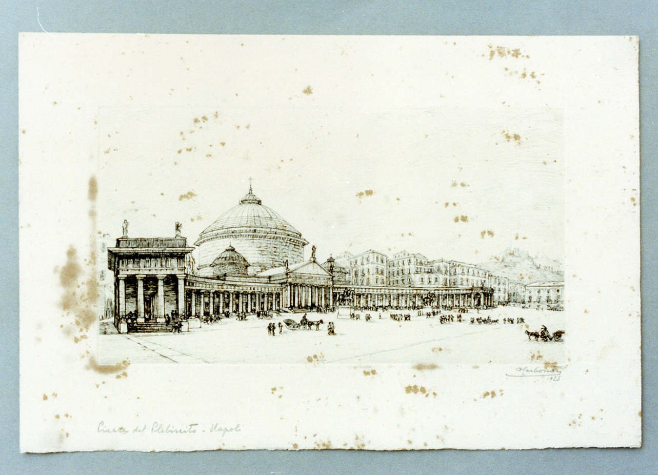 veduta di piazza del Plebiscito a Napoli (stampa) di Carbonati Antonio (sec. XX)